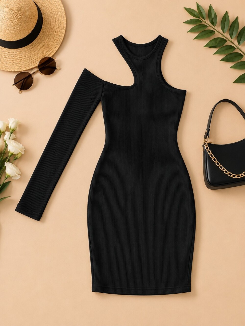Zara Black Asymmetrical One-Sleeve Ribbed Dress
